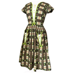 Apple green and brown basket weave floral print 1950s cotton day dress