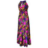 Cage back psychedelic vintage late 1960s hot pink and purple maxi dress