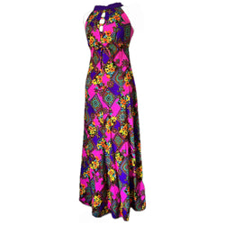 Cage back psychedelic vintage late 1960s hot pink and purple maxi dress