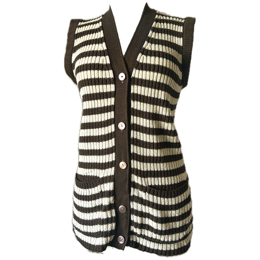 Brown and beige ribbed striped 1970s long waistcoat