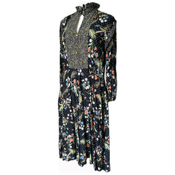 Black and floral vintage 1970s viscose hippy folk day dress