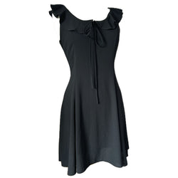 Frill collar vintage 1970s black poly crepe mini dress