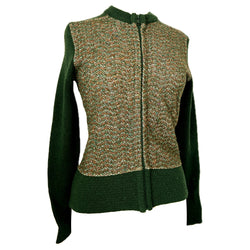 Tweed effect vintage 1970s forest green zip front cardigan