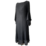 Sultry vintage late 1960s black glitter dot chiffon dress with dramatic flared sleeves