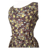 Brown and yellow square print vintage 1950s cotton day dress