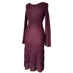 Deep claret crochet knit vintage 1970s midi dress
