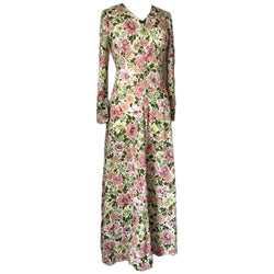 Cream, pink and green floral print vintage 1970s maxi dress