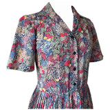 1980s-does-1940s vintage impressionist print day dress with pleated skirt