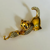 Cat and Mouse vintage goldtone and crystal brooch signed Keyes