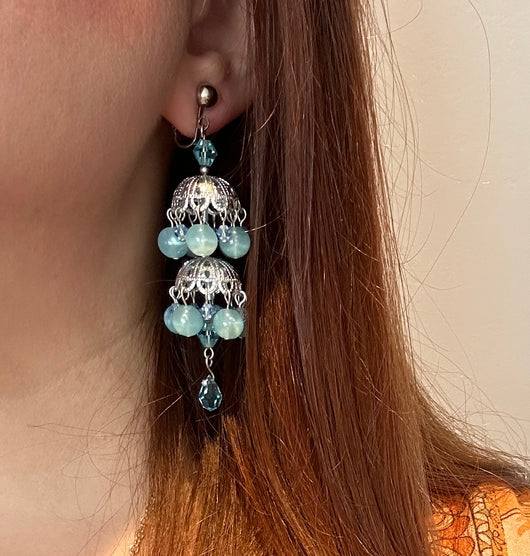 Silvertone bead and crystal dangle 1960s vintage chandelier clip-on earrings