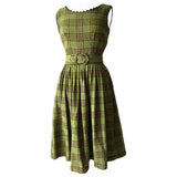 Avocado green, black and mustard tartan check vintage 1950s belted day dress