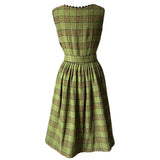 Avocado green, black and mustard tartan check vintage 1950s belted day dress