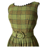 Avocado green, black and mustard tartan check vintage 1950s belted day dress