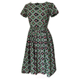 Harlequin check rose print vintage 1950s cotton day dress