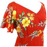 Red cotton hibiscus print vintage 1970s Hawaiian muumuu dress