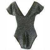 1980s H&M bodysuit in silver lurex with black lace trim