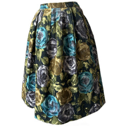 Olive, teal and grey abstract rose print velvet 1950s skirt