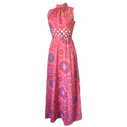 Peekaboo waist pink and orange psychedelic vintage 1960s maxi dress