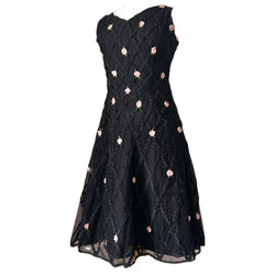 Nettie Vogue black mesh lace and ribbon rose applique evening dress