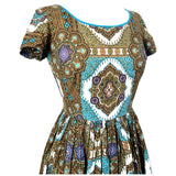 Olive green, brown and teal mandala print cotton vintage 1950s day dress