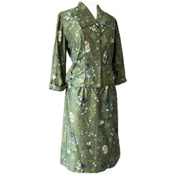 Olive green vintage 1950s floral cotton sateen skirt suit