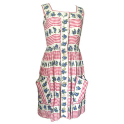 Pink and white gingham cotton vintage 1950s day dress with blue roses