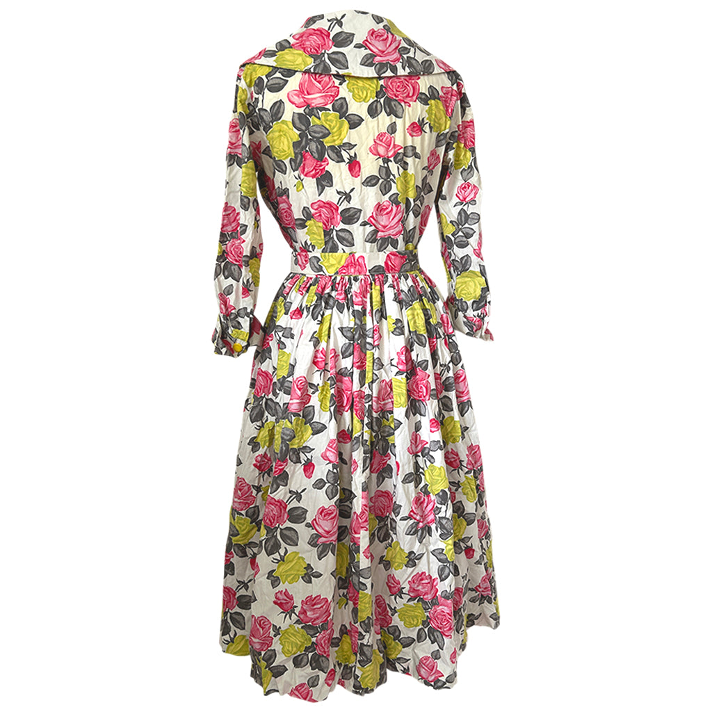 Pink and yellow rose print cotton 1950s vintage shirtwaister dress ...