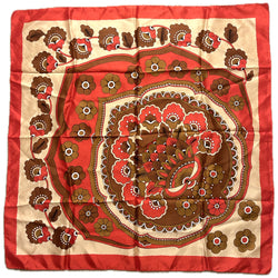 Bold red and brown psychedelic floral vintage 1960s twill square scarf