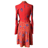 Bright red floral paisley jersey 1970s day dress with frill trim