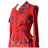 Bright red floral paisley jersey 1970s day dress with frill trim