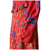 Bright red floral paisley jersey 1970s day dress with frill trim