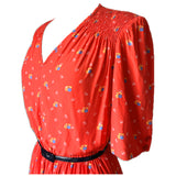 1980s-does-1940s red viscose day dress with smocked shoulders