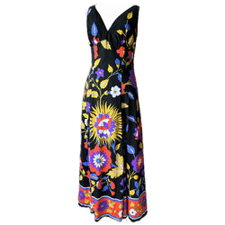 Bold jewel tones floral print vintage 1970s maxi dress