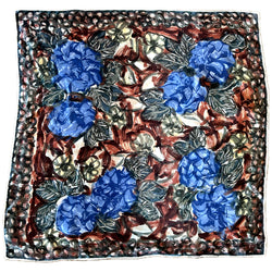 Steel blue and brown rayon satin floral vintage 1950s scarf