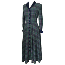 Navy and green tartan plaid vintage 1980s dress with blue velvet trim