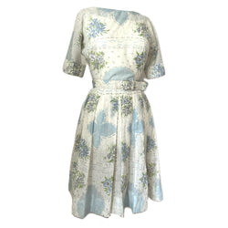 Late 1950s cream and blue floral belted day dress
