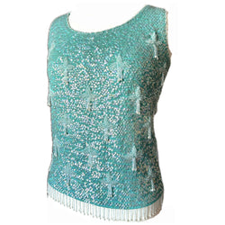 Iridescent turquoise vintage 1950s beaded and sequinned wool top