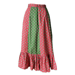 Red and green panelled 1970s cotton gypsy skirt with frill hem