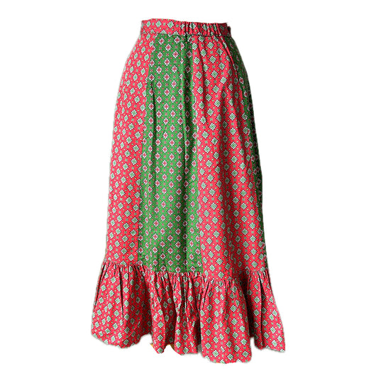 Red and green panelled 1970s cotton gypsy skirt with frill hem