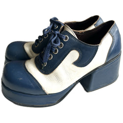 Glam rock vintage 1970s navy blue and white leather lace-up platform shoes size 8